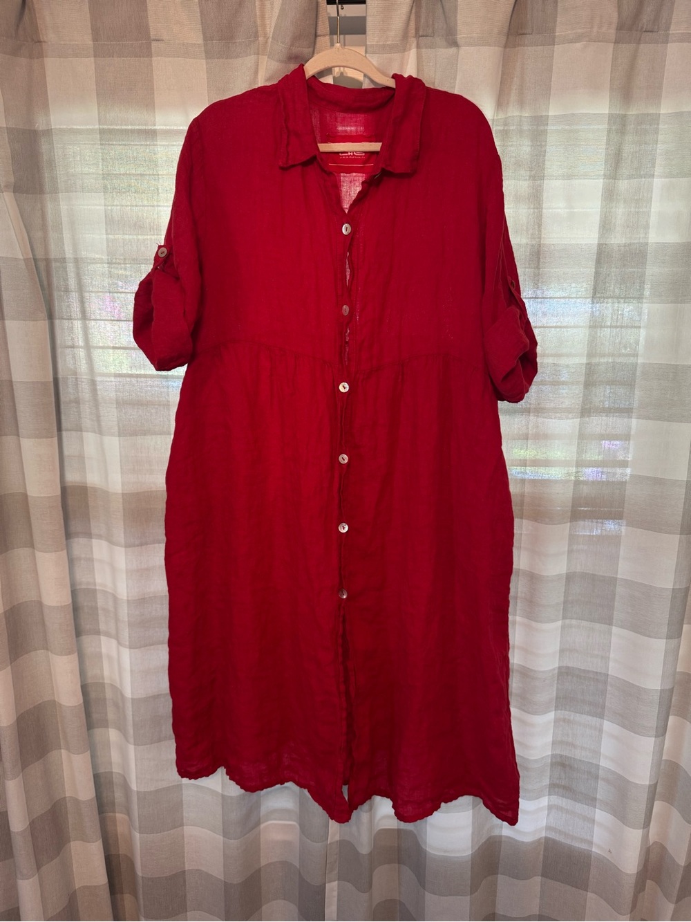 Red Button-Front Linen Shirt Dress